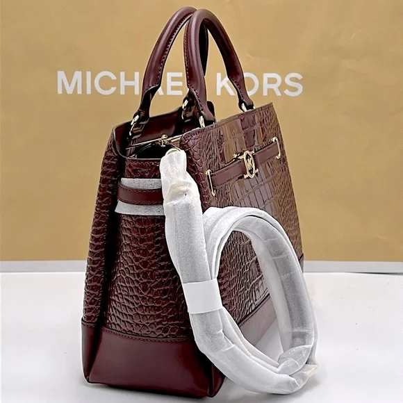 NWT MICHAEL MICHAEL KORS Reed
Large Croc-Embossed Leather Belted
Satchel Oxblood - Picture 4 of 16